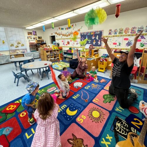 Music with Mr. Silva is a highlight of our Preschool program. Our music teacher visits the preschool classrooms every week to sing, dance and play musical games. Thank you Mr. Silva for sharing your talents with our youngest learners.